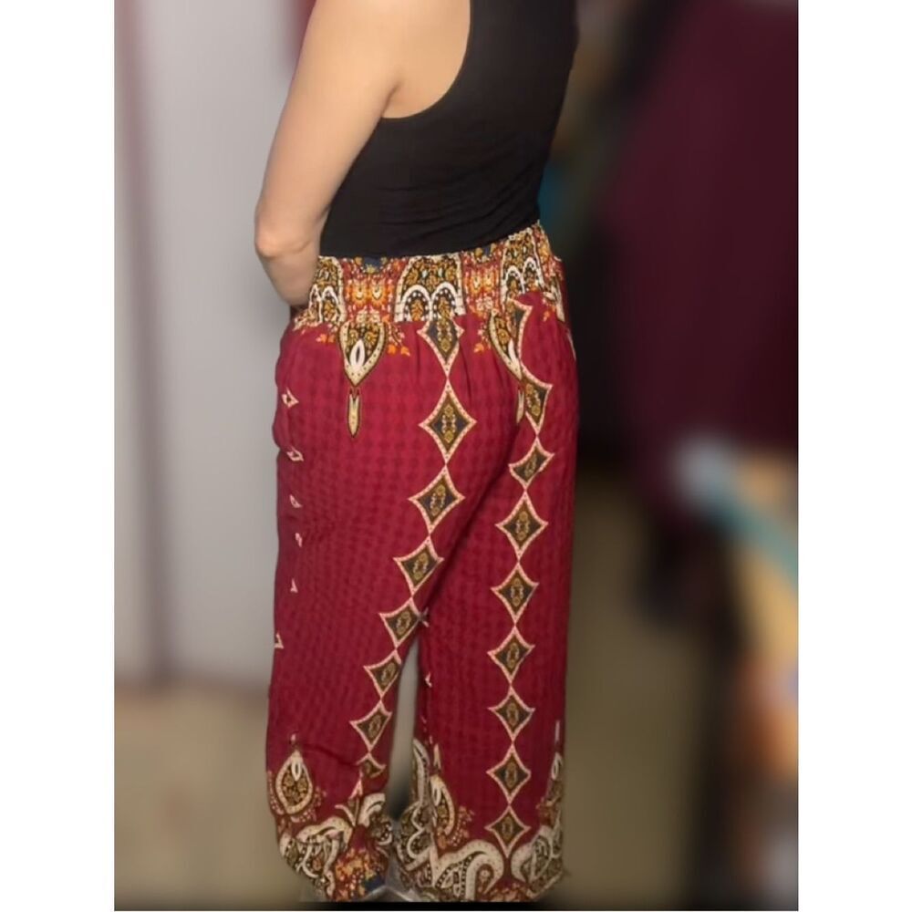 Fashion Nova Burgundy Paisley Patterned Elastic-Waist Wide-Leg Pants (Small) - Picture 3 of 16